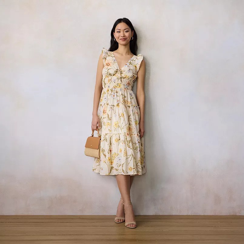 LC Lauren Conrad Shirred Bodice Ruffle Sleeve Midi Dress