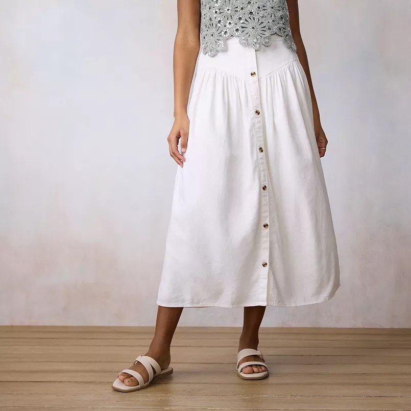 LC Lauren Conrad V-Yoke Button Front Midi Skirt