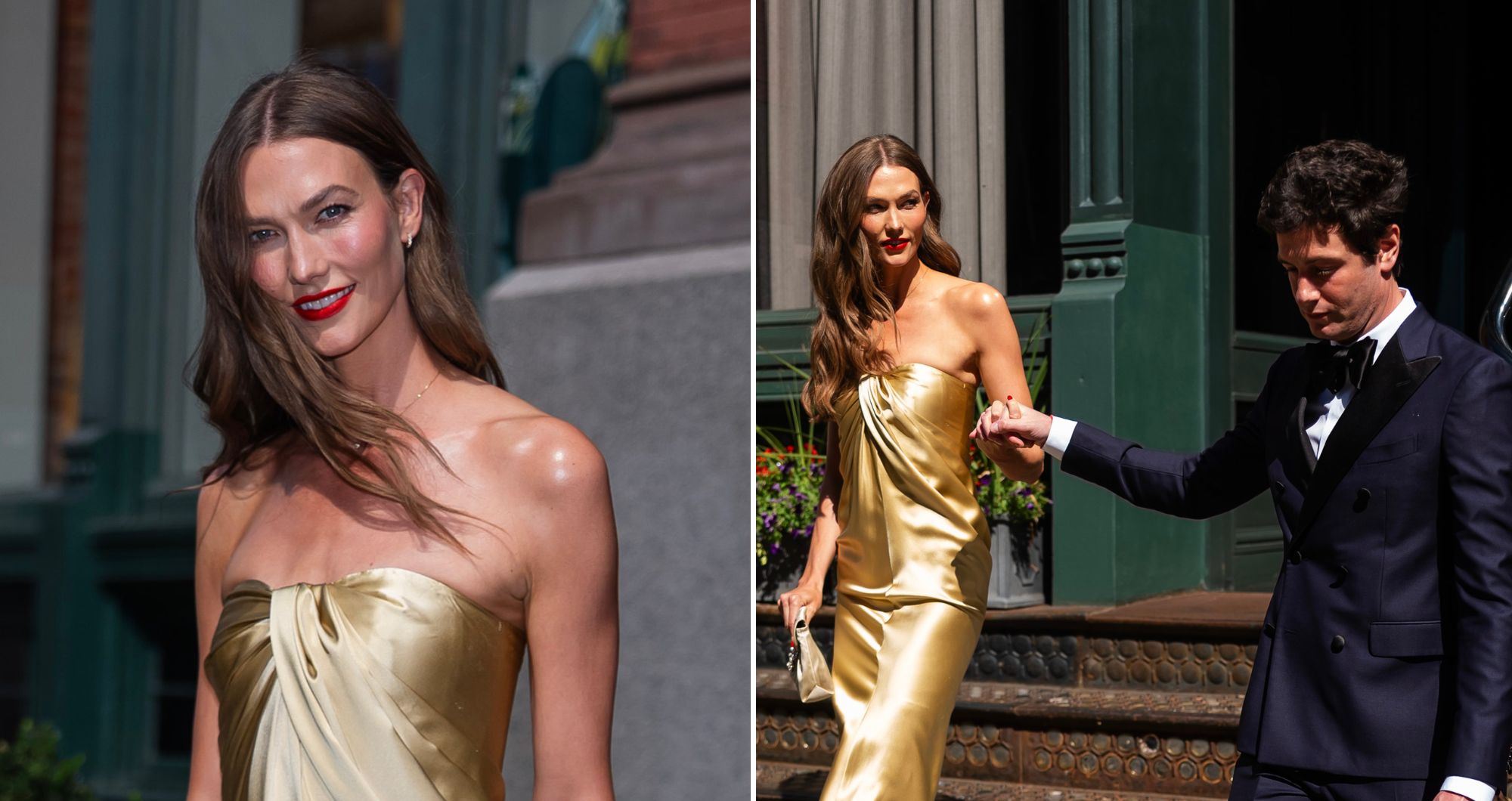 Karlie Kloss in a liquid gold Tove dress as she and husband Joshua Turner leave their hotel to attend Taylor Swift and Travis Kelce's wedding at Madison Square Garden on Friday.